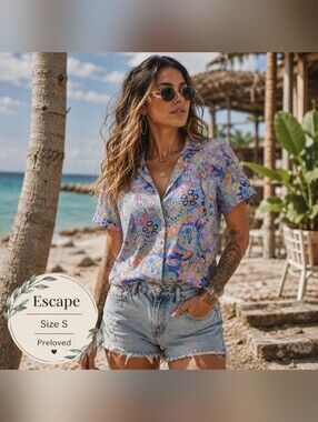 Escape by Habitat Colorful Paisley Button Front Blouse